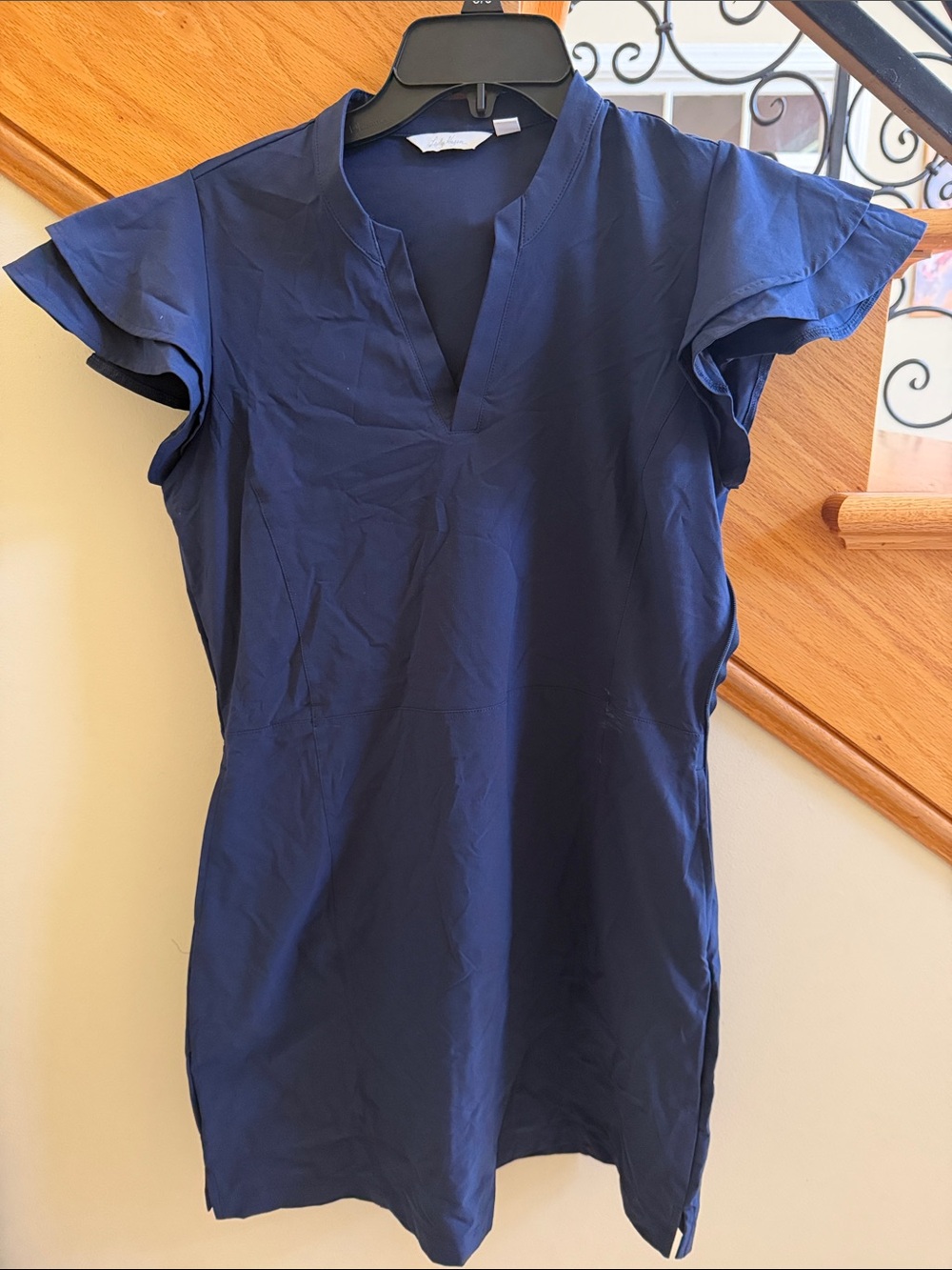 Lady Hagen Navy V-Neck Flutter Sleeve Dress Size Medium New